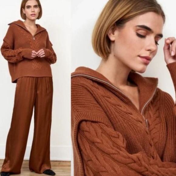La Ligne Cable Bastien Sweater Rust Brown Merino Wool Half Zip Size XL Soft - Picture 3 of 14